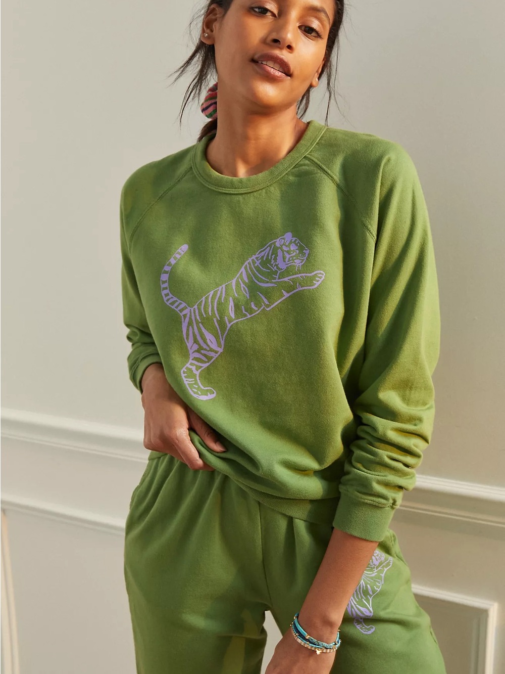 Rare Anthropology Clare V Green Purple Tiger Graphic Sweatshirt